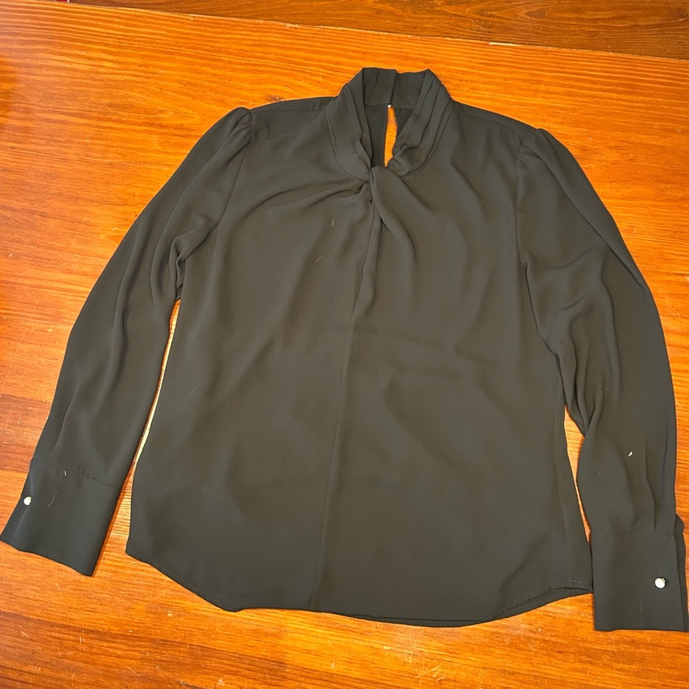 White House Black Market Black Blouse with Subtle Tag Detail Size 4